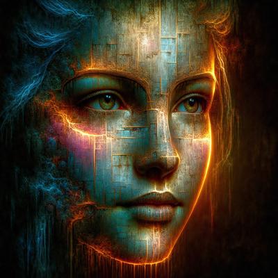 The primary subject of the image is a woman's face, which is the main focus of the image. The setting is a digital artwork, featuring a woman with blue eyes and a pink nose. The visual style is a combination of digital art and illustration, creating a unique and artistic representation of the woman's face. The colors and mood of the image are predominantly blue and pink, giving it a warm and inviting atmosphere.